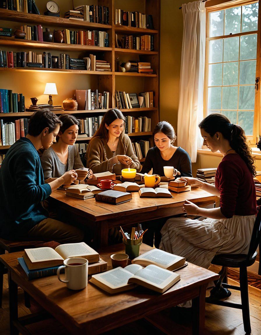 A cozy, inviting scene of a diverse group of people gathered around a large wooden table filled with an array of colorful books and steaming mugs of tea. They are animatedly discussing a book, with one person passionately holding a novel, while others listen intently. Soft, warm lighting enhances the atmosphere, with bookshelves in the background filled with neatly arranged books. A few plants add life to the setting, creating a sense of community and engagement. super-realistic. warm colors. cozy atmosphere.