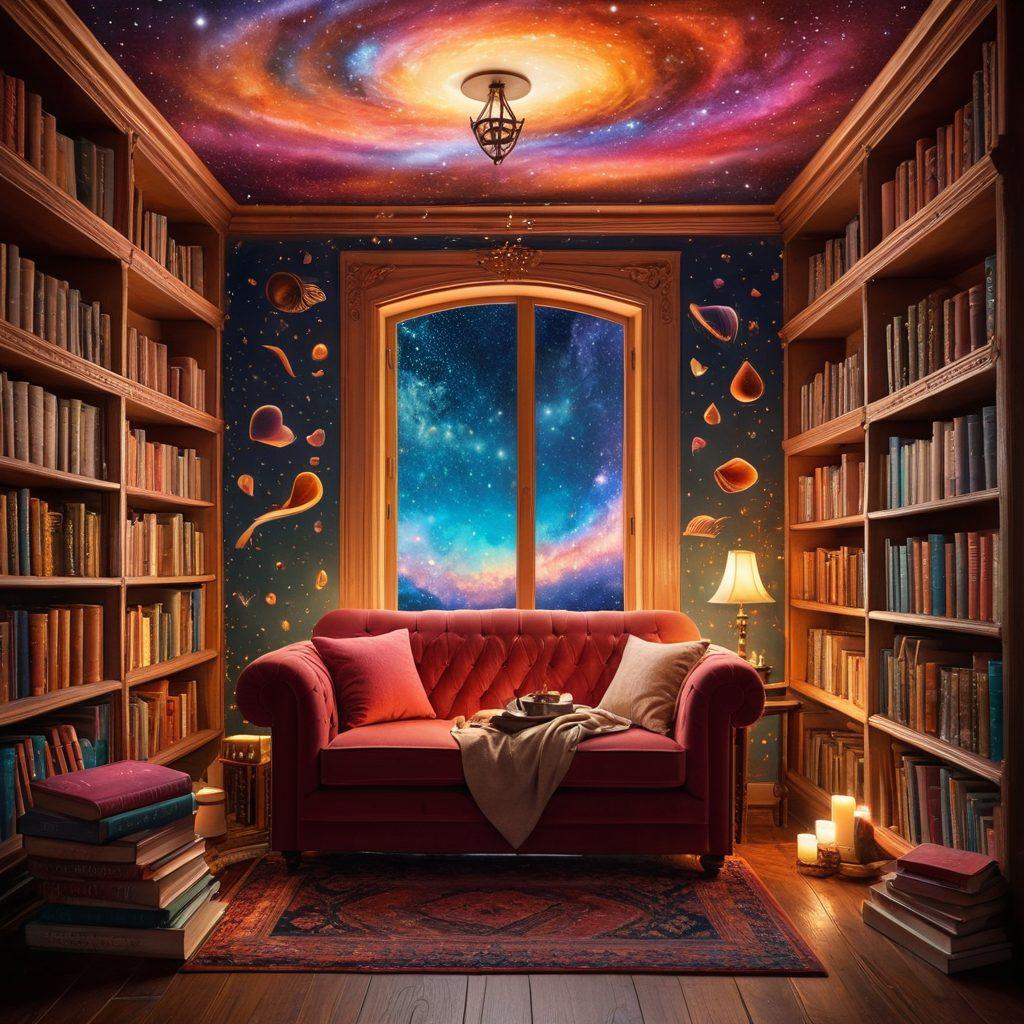 A whimsical bookshelf overflowing with classic romance novels on one side, transitioning into vibrant young adult romance titles on the other side. In the center, a young couple is depicted reading together under a swirling galaxy of hearts, representing the evolution of romance in literature. Soft, warm color tones create an inviting atmosphere. The background features subtle literary symbols, like quills and inkpots. 3D, vibrant colors, fantastical elements.