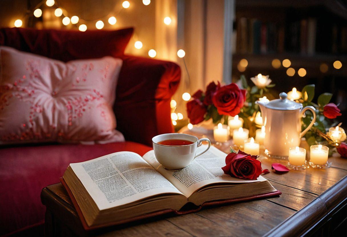A cozy, inviting scene featuring an open vintage book with pages fluttering, surrounded by delicate rose petals and a warm cup of tea. Soft fairy lights twinkle in the background, while a plush, deep red sofa invites readers to sink into its comfort. The atmosphere radiates romance and intimacy, perfect for an evening of passionate reading. super-realistic. soft lighting. warm colors.